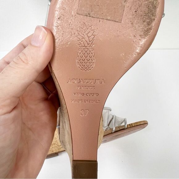 Aquazzura Silver PVC/Leather Open Toe Ankle Strap Cork Wedge Sandals Clear 37 - Picture 7 of 7